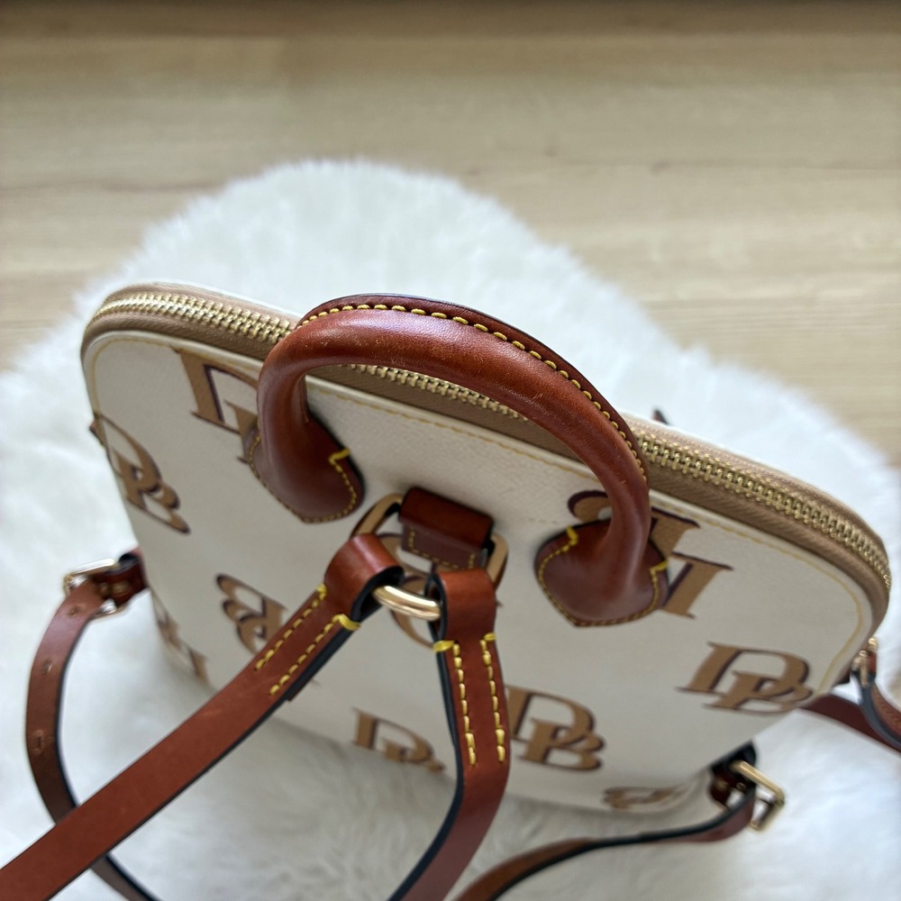 Dooney & Bourke Monogram Cream Tan Leather Trim Gold hardware Backpack Bag - Picture 7 of 16